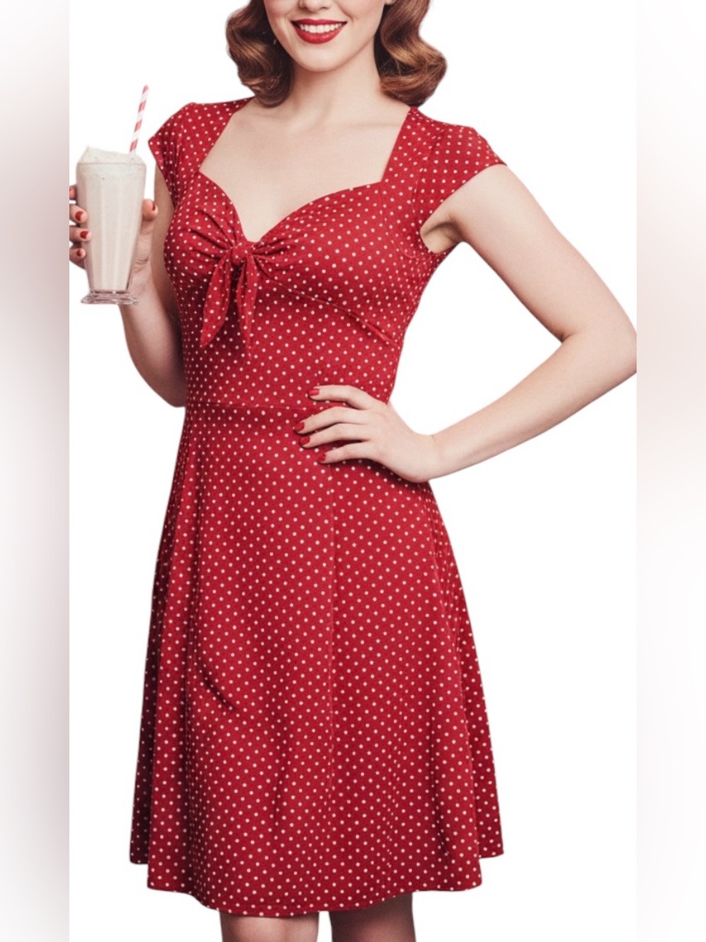 Vintage Retro Style Red Polka Dot Tie-Front Fit & Flare Dress